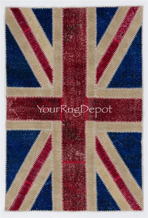 Hand Knotted British Flag Union Jack Design Patchwork Rug Made Etsy