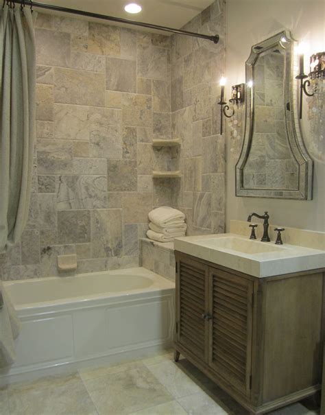 Caramel travertine bathroom floor, bath tub surround. Silver Travertine Tile Shower - Traditional - bathroom