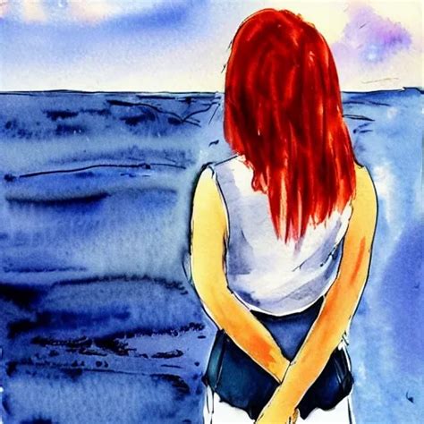 Water Color Redhead Girl Sailor Sea Boat Sexy Arthubai
