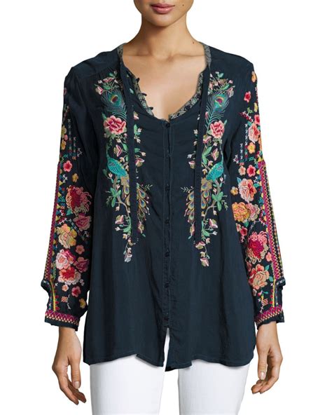 Johnny Was Peacock Embroidered Georgette Top Neiman Marcus High