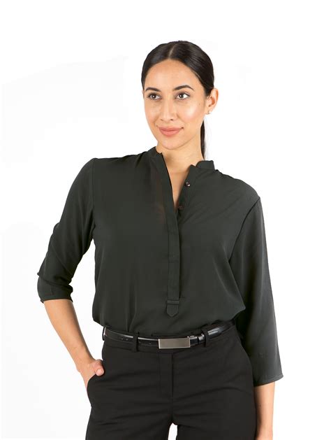 francesca mandarin collar blouse black three quarter sleeve uniform edit