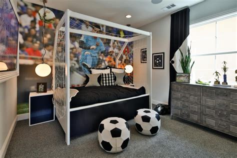 A Bedroom With A Soccer Themed Bed And Dresser