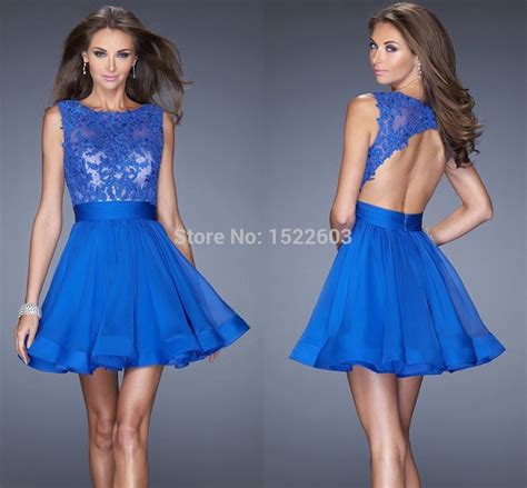 2016 New Chiffon Lace Evening Dresses Hot Sale Royal Blue Short Prom