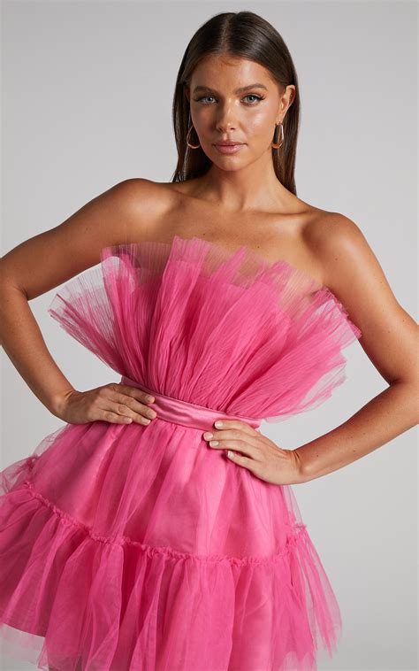 amalya mini dress tiered bow detail tulle fit and flare dress in hot pink showpo usa