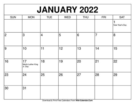 January 2022 Calendar With Holidays Printable Printable January 2022