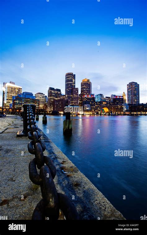 Boston Skyline From Downtown Harborwalk At Dusk Stock Photo Alamy