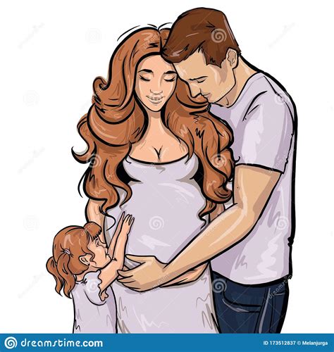 Hermosa Familia Madre Embarazada Abrazos De Padre Y Linda Hija