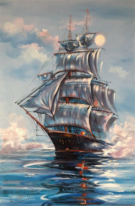 Sailing Ship In The Sea Painting Adventure Boat Sunset Wall Etsy