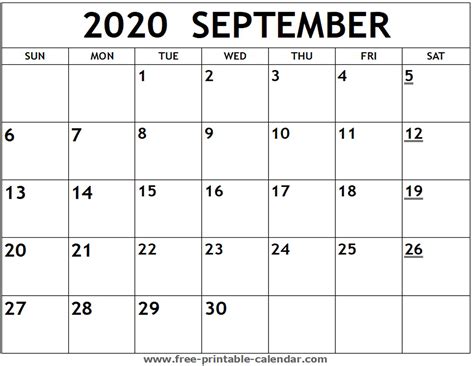 September 2020 Printable Calendar Printable Word Searches