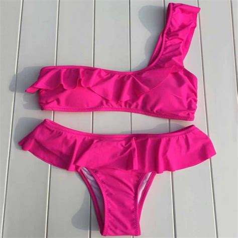 2017 Sexy Bikini Brazilian Padded Bikini Set One Shoulder Swimwear Ruffles Slim Swimsuit Pure