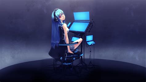 Anime Girl With Headphones And Blue Hair