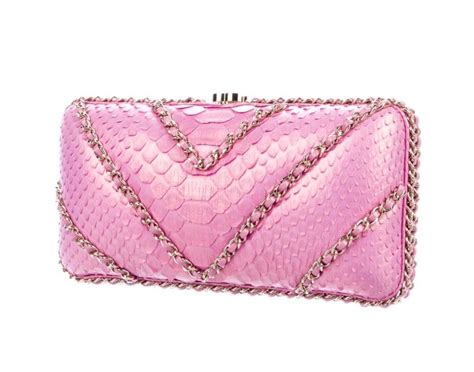 Chanel New Pink Snakeskin Exotic Cc Gold Small Evening Clutch Shoulder