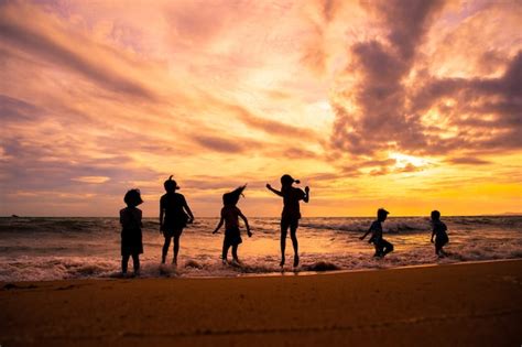 Premium Photo Silhouette Children Group Enjoy Playing Sea Waves On
