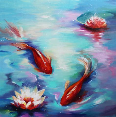 Fish Koi Painting On Canvas Japanese Carp Oil Art Lotus Pond Etsy