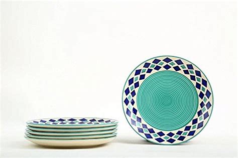 Buy Dinner Plates 10 Inches In Sea Green Colour With Blue Diamond Pattern Set Of 4 Handmade