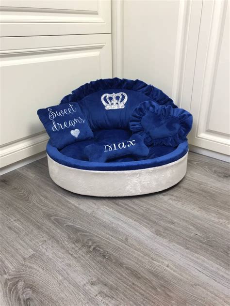 Navy Blue And Cream Luxury Dog Bed With Crown Sparkles Designer Pet Bed