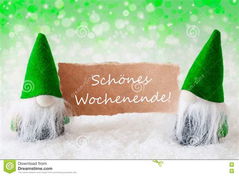 Green Natural Gnomes With Card Schoenes Wochenende Means Happy Weekend