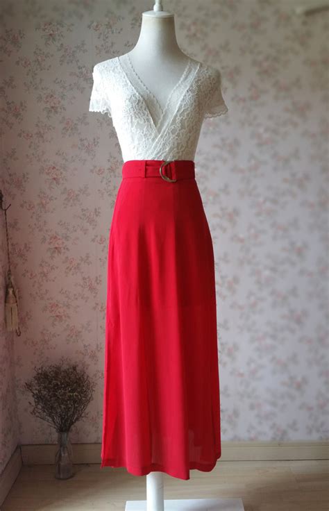 Double Slit Skirt Long Red Skirt Lady Red High Waisted Party Skirt With