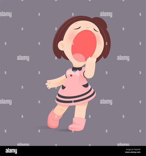 Cartoon Girl Yawning Against Gray Background Sleepy Vector