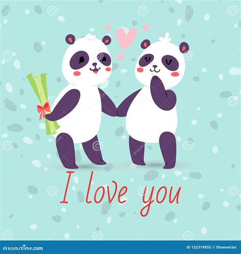 Pandas Couple In Love Banner Greeting Card Vector Illustration