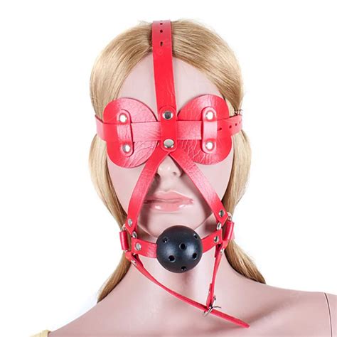 Pu Leather Head Harness Bondage Open Mouth Ball Gag Restraint With Eye