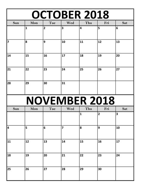 2018 October November Calendar October Calendar November Calendar