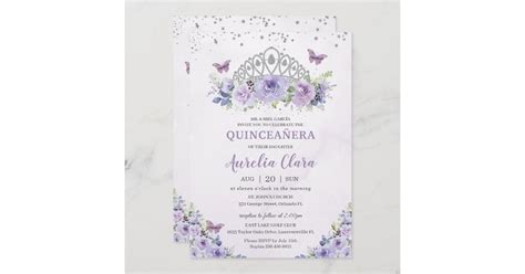 quinceañera purple lilac floral tiara butterflies invitation zazzle