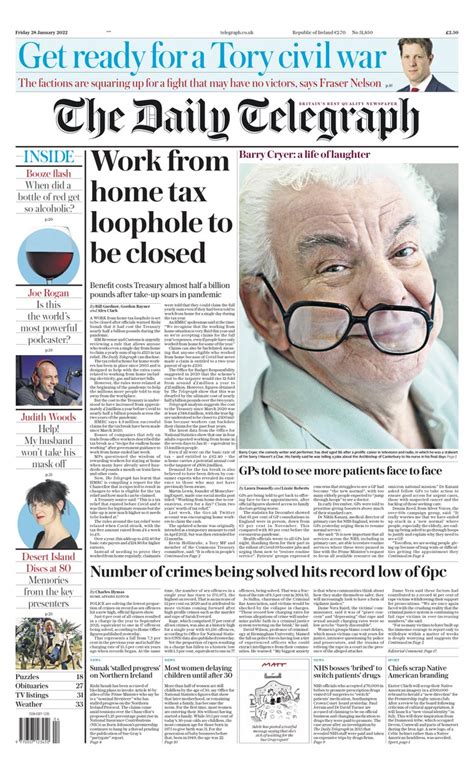 Daily Telegraph Front Page 28th Of January 2022 Tomorrow S Papers Today