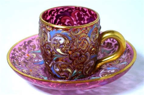 Embossed Ruby Glass Miniature Cup And Saucer Venetian Murano Glass