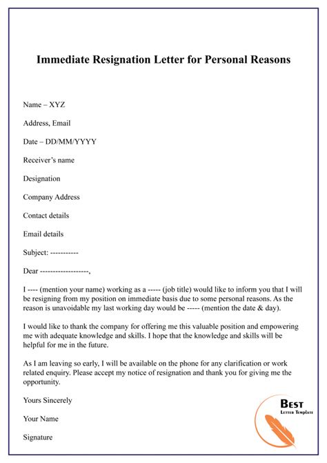 Immediate Resignation Letter Due To Health Reason Collection Letter Template Collection
