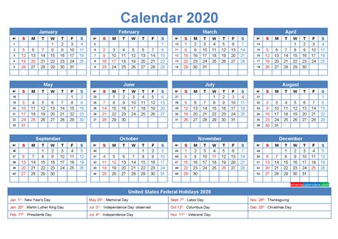 Free Printable 2020 Calendar With Holidays As Word Pdf
