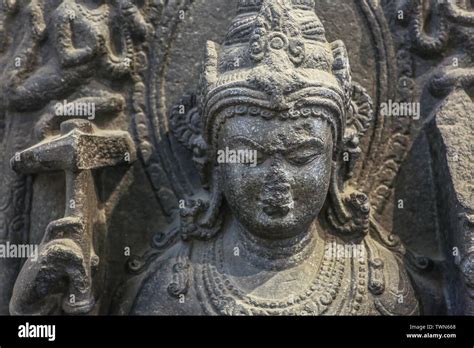 Ancient Stone Sculpture Of Indian God Vagisvari Made Of Basalt Rock