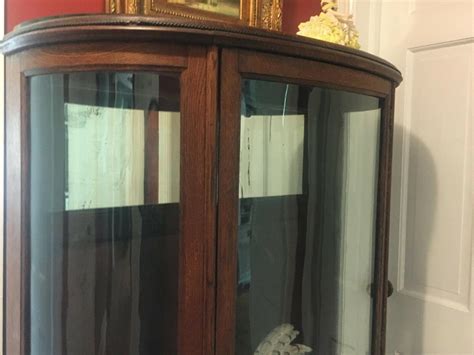 Antique Tiger Oak Curio Display Cabinet Curved Glass No Shelves