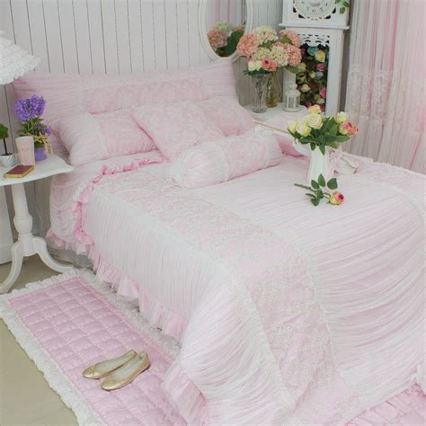 New Sweet Pink Bedding Set Luxury European Embroidery Ruffle Duvet Cover Double Layer Lace Bed