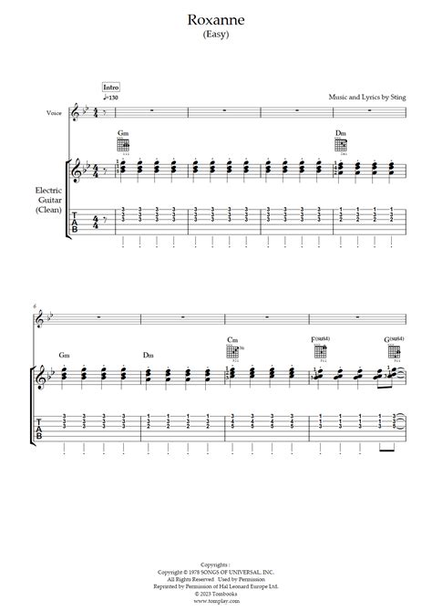 Roxanne Easy Level Electric Guitar The Police Guitar Tabs And Sheet Music