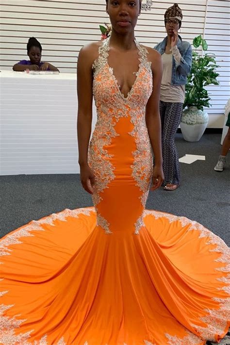 Elegant Mermaid Halter Orange Long Prom Dress With Appliques Orange Prom Dresses Girls Black