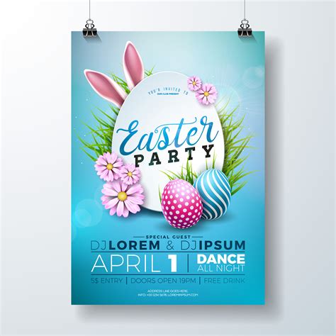 Vector Easter Party Flyer Illustration With Painted Eggs Rabbit Ears