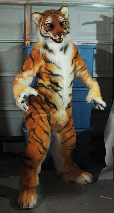 A Large Stuffed Tiger Standing In The Middle Of A Room With Two Blue Boxes Behind It