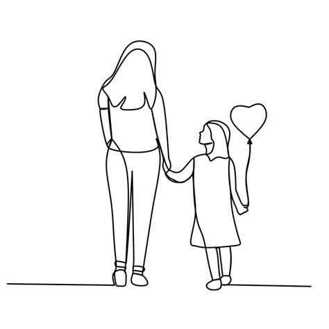 Mamá E Hija Caminando Juntas Sosteniendo Globos Continúa El Dibujo De