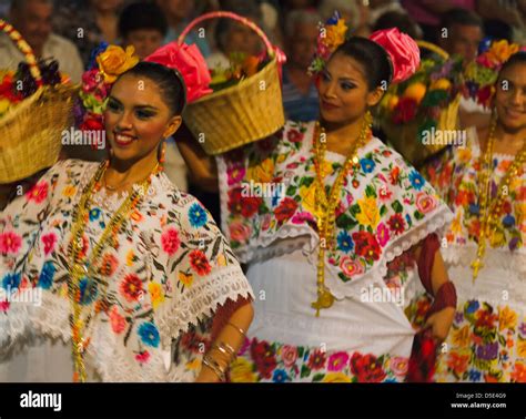Mexican Girls In Traditional Embroidered Dress Merida Yucatan State