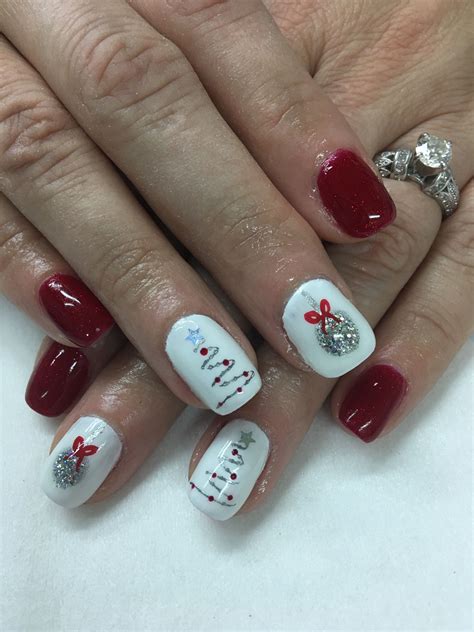 Red Glitter Ornament Christmas Tree Gel Nails Christmas Gel Nails