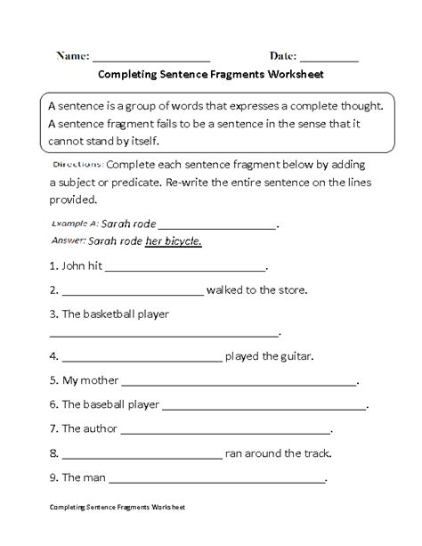 Algunproblemita Writing Complete Sentences Worksheets