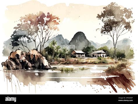 Beautiful Landscape Vietnam Watercolor Sketch Illustration On White