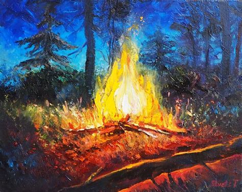Campfire Painting Fire Oil On Canvas Hiker T Farmhouse Etsy In