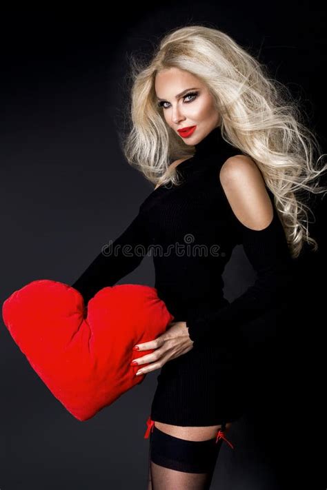 Beautiful Sexy Elegant Blonde Woman Holding A Red Valentine Heart Over Stock Image Image Of