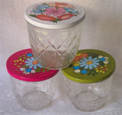 Ball Quilted Crystal Jelly Jars And Metal Lids Flower Power Vintage Set Of 3 Jams Jellies