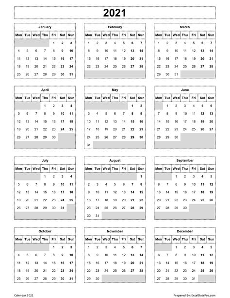 Als jahresübersicht im taschenkalender, als bürokalender für die schreibunterlage oder an die wand. Kalender 2021 Format Excel - Download 2021 Yearly Calendar Mon Start Excel Template Exceldatapro ...