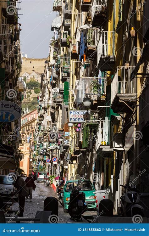 Narrow Street View In Naples Old Town Italy Editorial Stock Photo