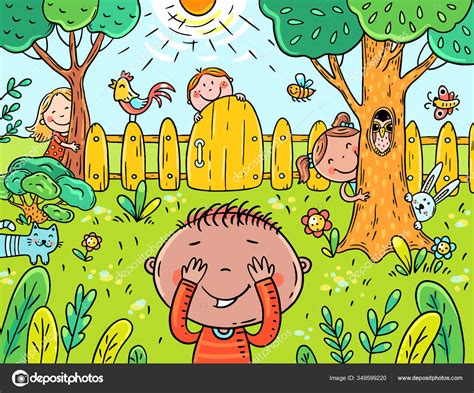 Cartoon Children Playing Hide And Seek In The Garden Stock Vector Image