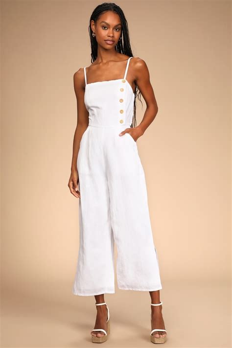 White Linen Jumpsuit Wide Leg Jumpsuit Sleeveless Jumpsuit Lulus
